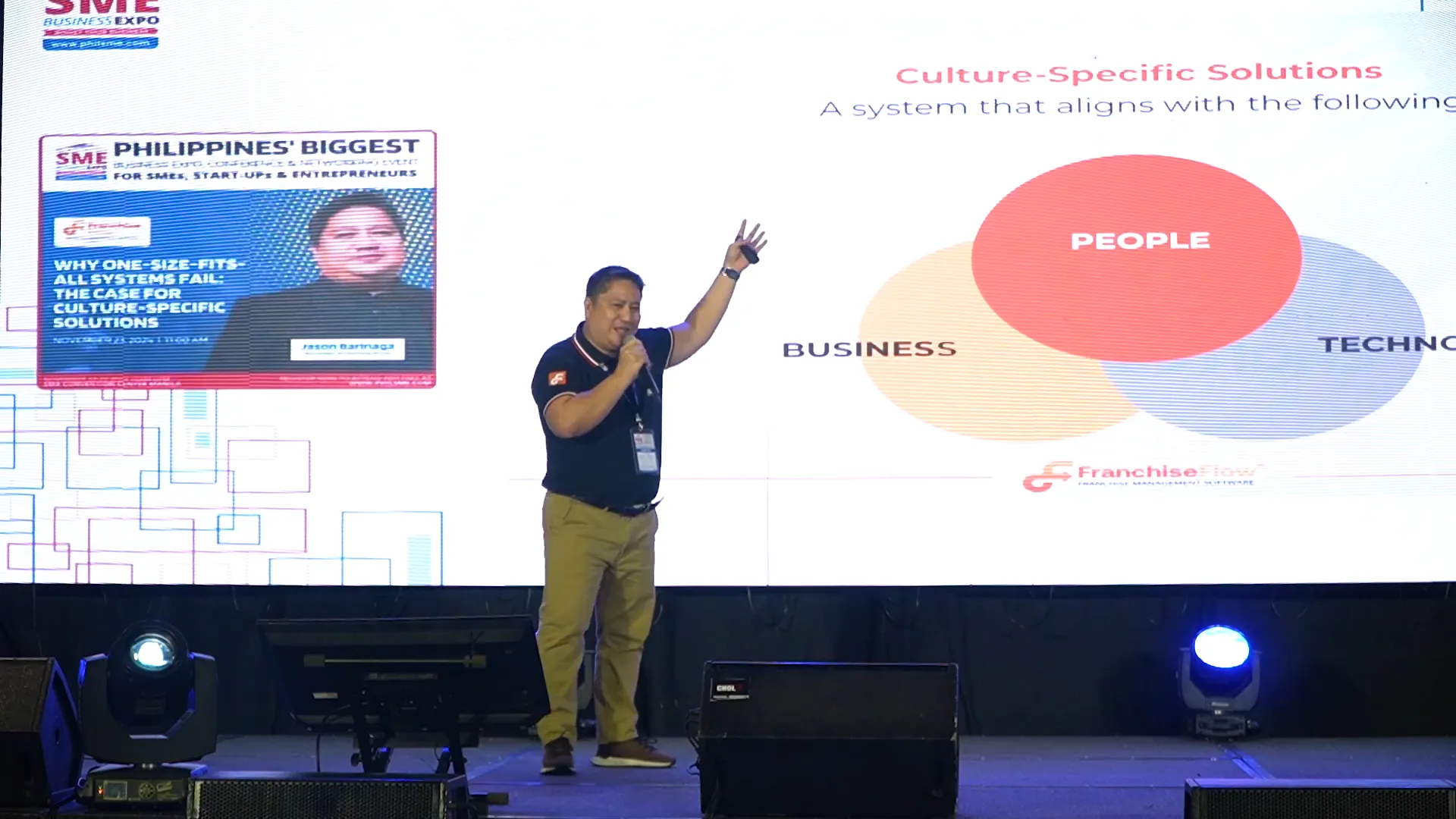 Jas Barinaga on the main stage at the PHILSME Business Expo, pointing to a People, Business, Technology slide.